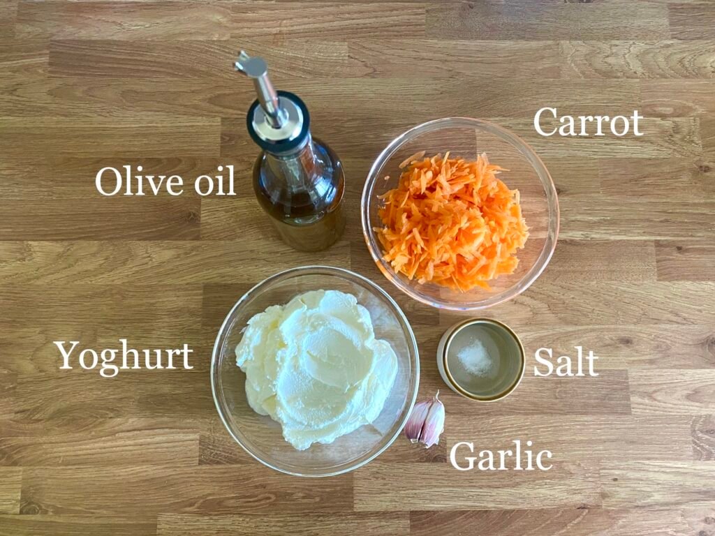 Ingredients for recipe: olive oil, carrots, yoghurt, garlic and salt