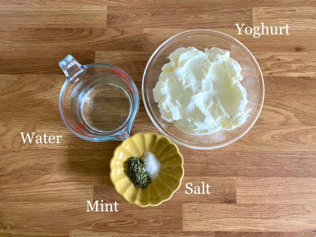 Ingredients for recipe: yoghurt, water, mint and salt