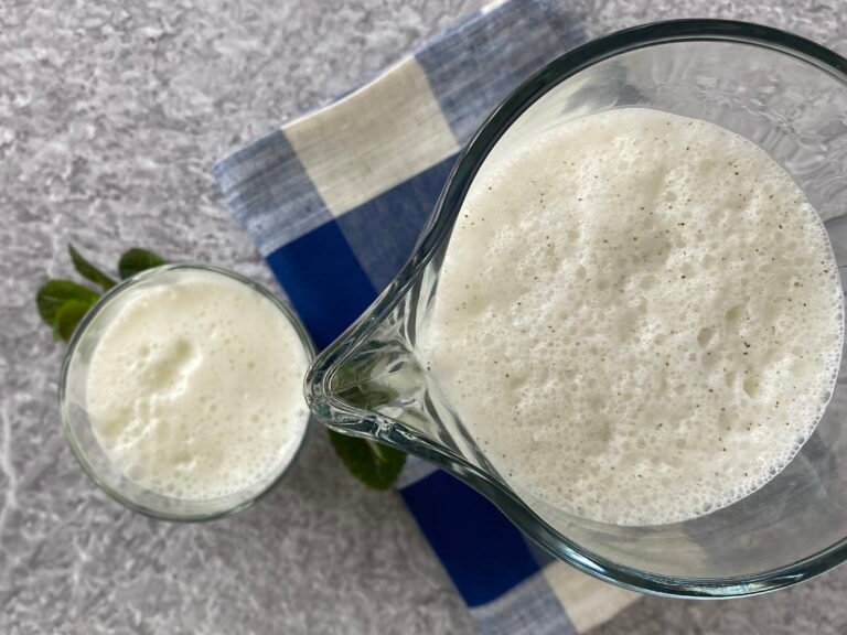 A cool glass and jug of ayran, or yoghurt drink, served with fresh mint leaves