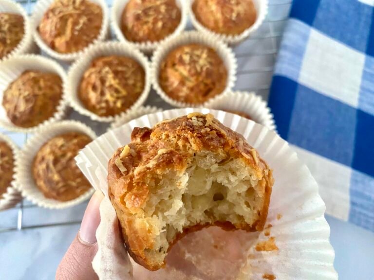 Savoury halloumi bite, half eaten in a cupcake case