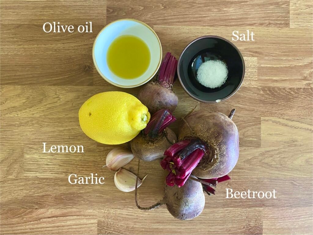 Ingredients for recipe: olive oil, beetroot, salt, lemon and garlic