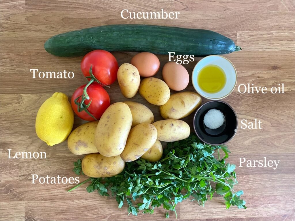 Ingredients for recipe: cucumber, eggs, olive oil, salt, parsley, potatoes, lemon and tomato