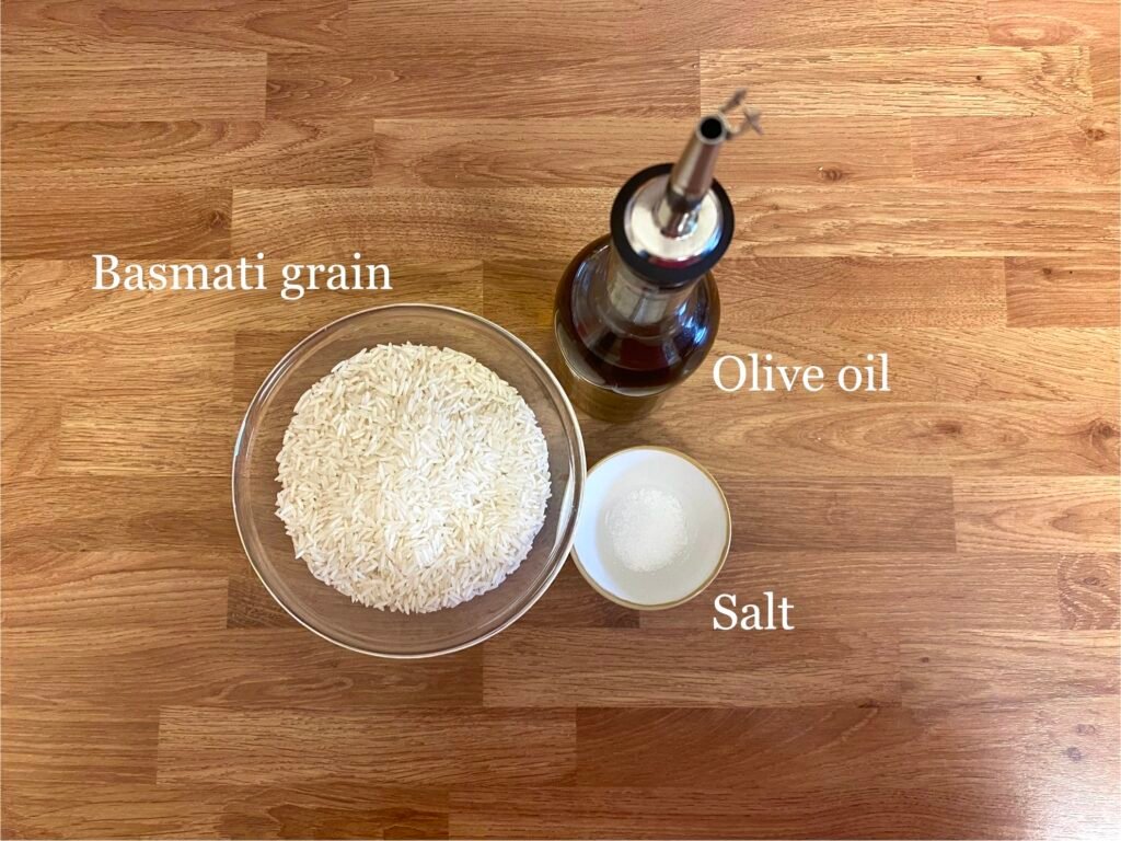 Ingredients for recipe: basmati rice, salt and olive oil