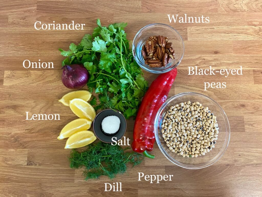 Ingredients for recipe: black-eyed peas (beans), pepper, dill, salt, lemon, onion, coriander and walnuts