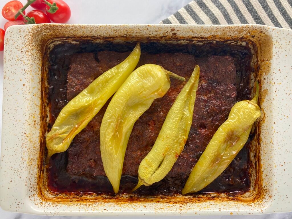 Turkish style lamb meatloaf traybake with peppers and sumac