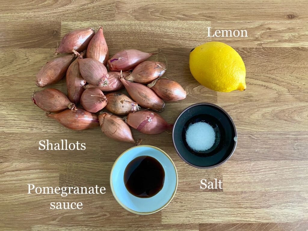 Ingredients for recipe: shallots, lemon, salt and pomegranate sauce.