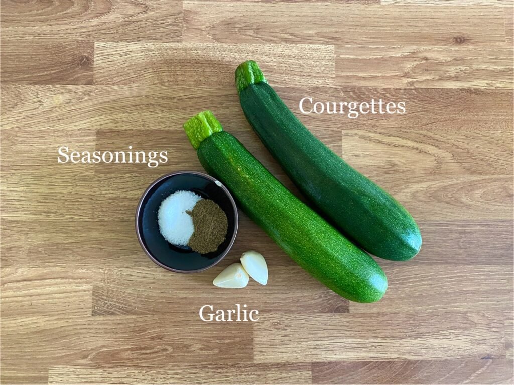 Ingredients for recipe: courgettes, seasonings and garlic.