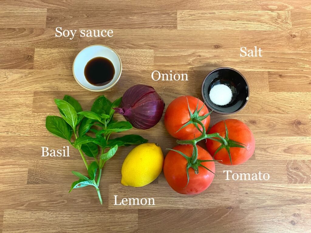 Ingredients for recipe: soy sauce, onion, tomato, salt, basil and lemon.