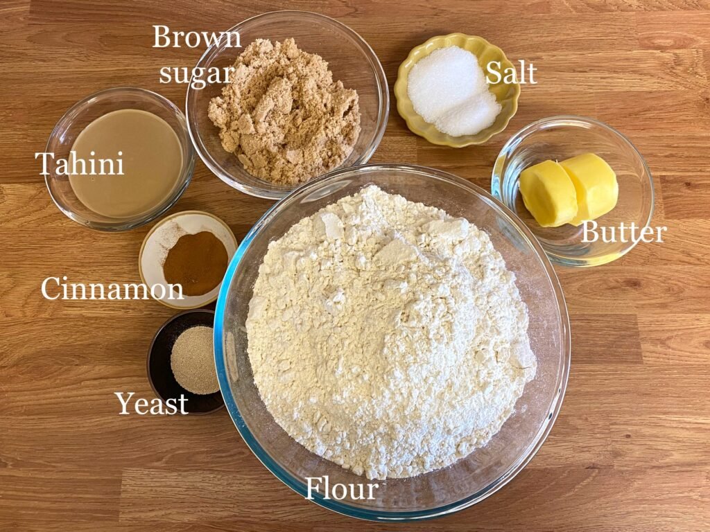 Tahini swirls ingredients: flour, yeast, tahini, cinnamon, brown sugar, salt and butter.