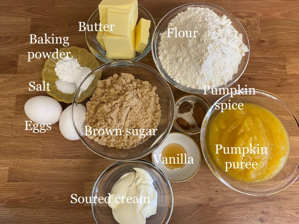 Pumpkin Bundt Cake ingredients: flour, butter, pumpkin puree, pumpkin spice, eggs, baking powder, salt, soured cream, vanilla and brown sugar.