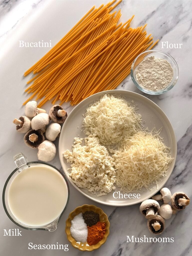 A flat-lay of pasta, mushrooms, cheese, flour, and spices arranged on a marble countertop.