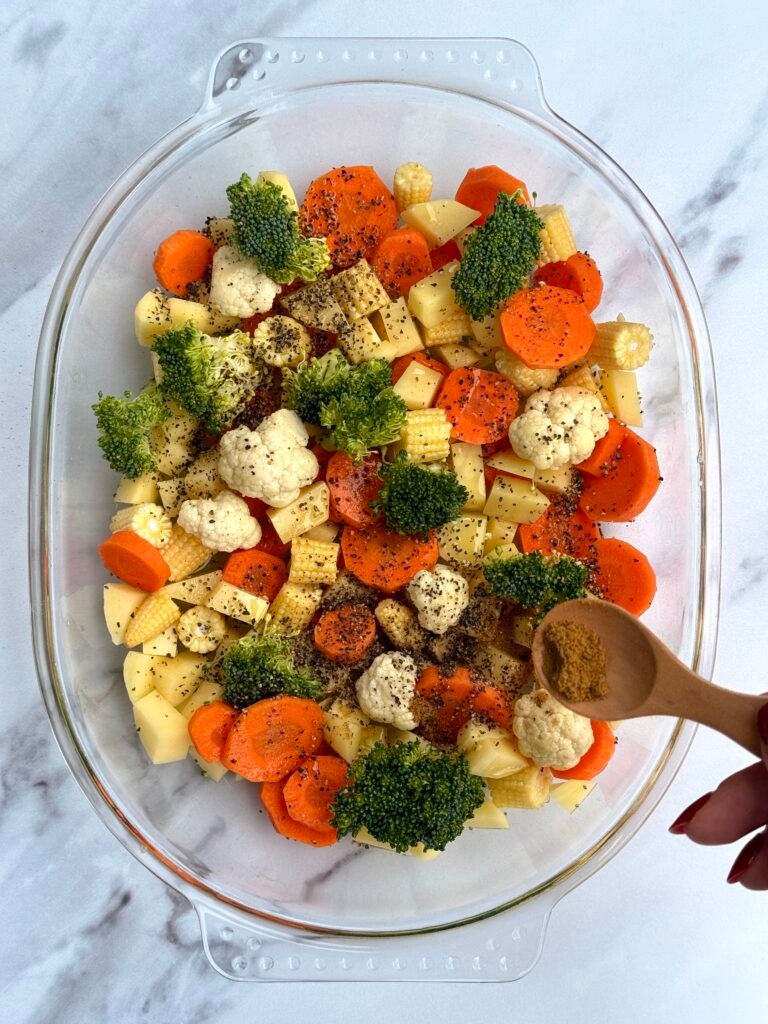 Easy oven roasted mixed vegetables with olive oil and spices – vegetarian side dish